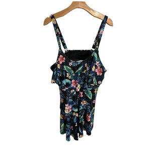 Yonique Tankini Swim Top Plus Size 11 Floral Black Wrap